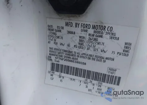 2008 Ford F-250 Xl/Xlt z USA, uszkodzony, nr VIN 1FTNF20588ED69358